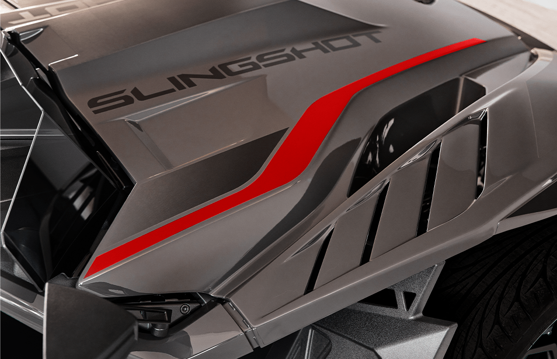 Closeup of the hood vents on a 2026 Slingshot R three-wheel roadster.