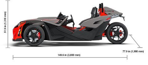 Side view of the 2026 Polaris Slingshot R Manual with height, width and length dimensions.