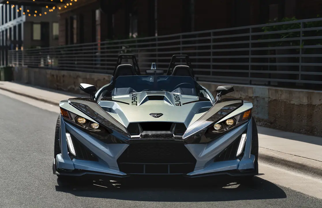 Front end view of a 2026 Polaris Slingshot Signature Edition 3-wheeled roadster.