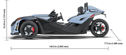 Side view of the 2026 Polaris Slingshot Signature Edition AutoDrive with height, width and length dimensions.