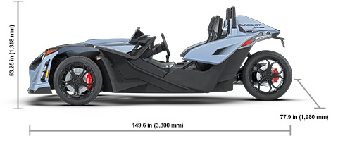 Vue latérale du Polaris Slingshot Signature Edition 2026 à boîte manuelle avec les dimensions de hauteur, de largeur et de longueur.