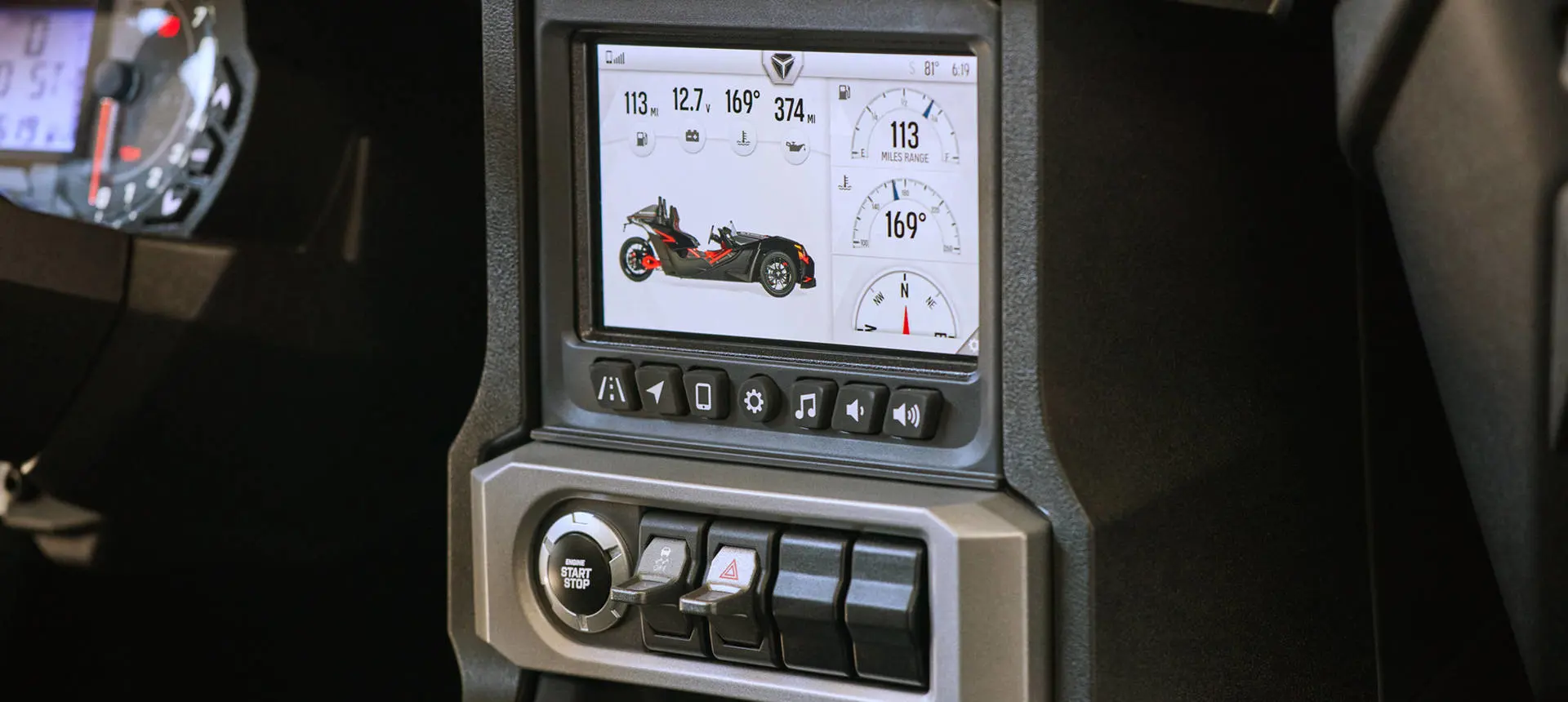RIDE COMMAND touch screen in a 2026 Polaris Slingshot SL three-wheel roadster.