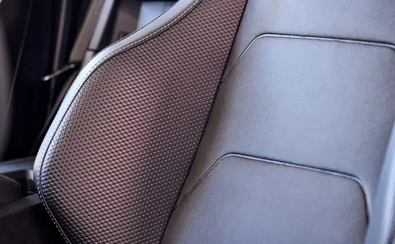 Closeup of the premium seats inside a 2026 Polaris Slingshot SLR three-wheel roadster.
