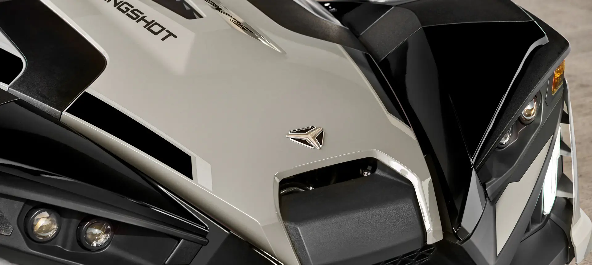 Closeup of the hood on a 2026 Polaris Slingshot SLR three-wheel roadster.