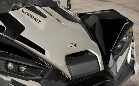 Closeup of the hood on a 2026 Polaris Slingshot SLR three-wheel roadster.