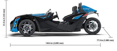 Side view of the 2026 Polaris Slingshot SLR AutoDrive with height, width and length dimensions.