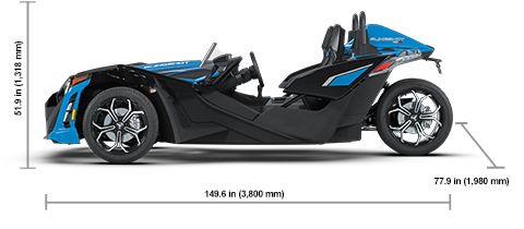 Side view of the 2026 Polaris Slingshot SLR Manual with height, width and length dimensions.