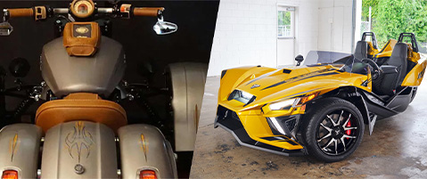 Traditional motorcycle vs a Slingshot 3 wheel motorcycle. 