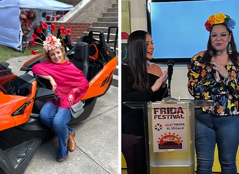 Festival scenes featuring a woman beside an orange Polaris Slingshot and two speakers at a Frida Festival podium.