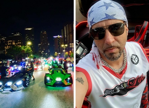 Polaris Slingshot autocycles illuminated during a nighttime city ride beside a close-up of a Storm Mansell inside a Slingshot.