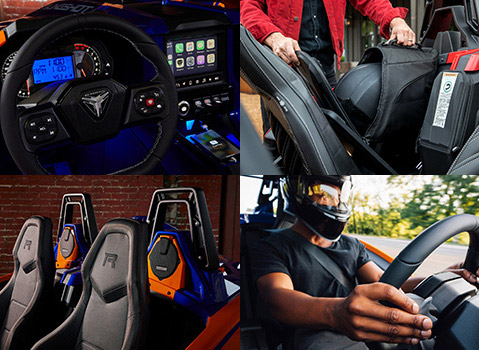 Polaris Slingshot collage featuring the cockpit, touchscreen, storage bags, seats and a helmeted driver.