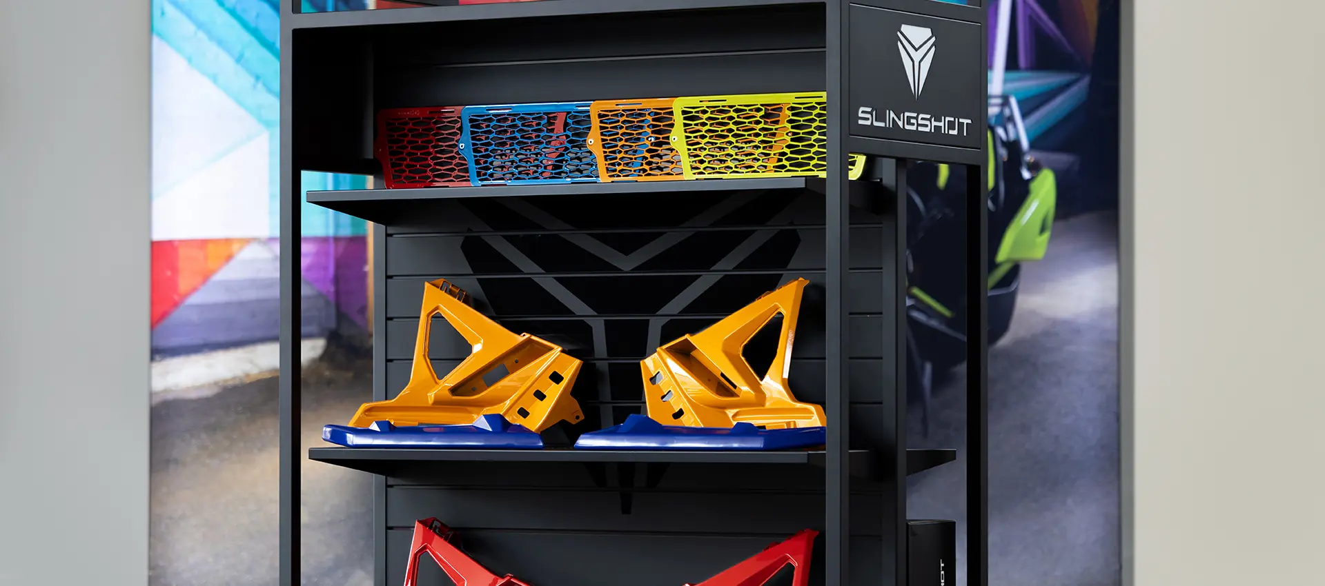 Polaris Slingshot body accessories inside of a dealership.