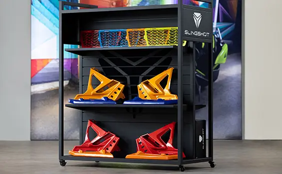 Polaris Slingshot body accessories inside of a dealership.