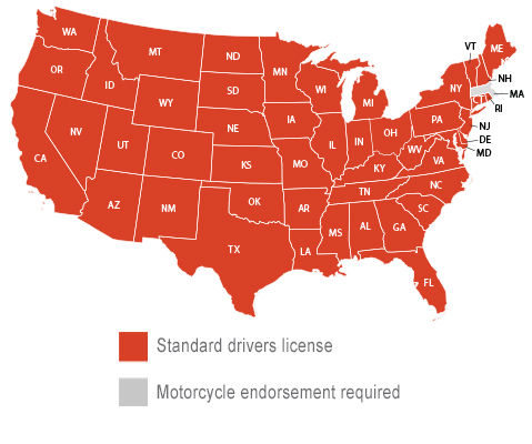 A map that shows Massachusetts state require Motorcycle endorsement to operate a Slingshot vehicle.