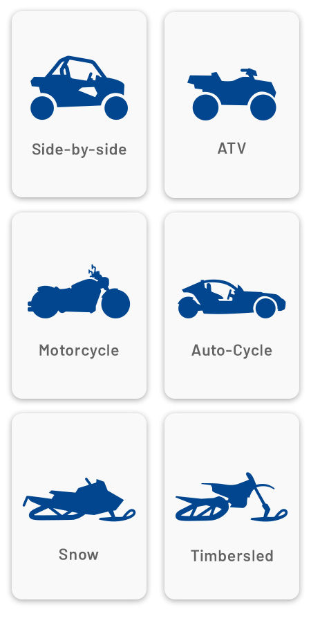 ATVs, Side by Sides / Utility Vehicles, Motorcycles, Snowmobiles, Auto-Cycle, and Timbersled graphic.