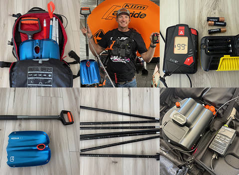 A collage of Polaris snowmobile accessories and gear includes an avalanche transceiver, probe, shovel, and backpack, alongside a man holding avalanche safety equipment.