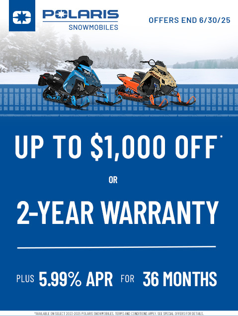 Snowmobiles Sales Event - Up to $1000* off on select 2023-2025 Polaris Snowmobile vehicles. Offers end 6/30.