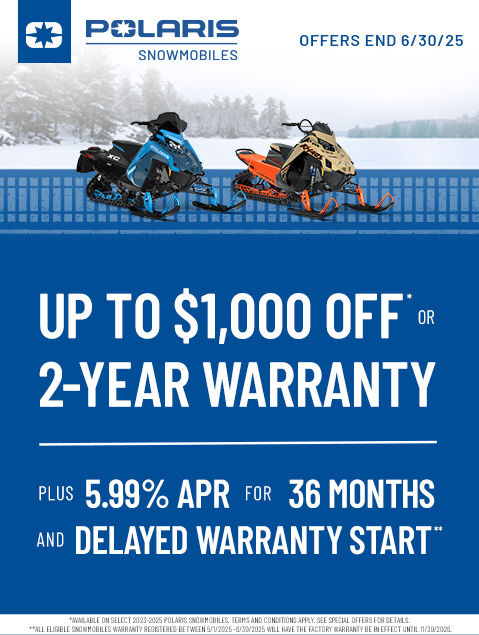 Snowmobiles Sales Event - Up to $1000* off on select 2023-2025 Polaris Snowmobile vehicles. Offers end 6/30.