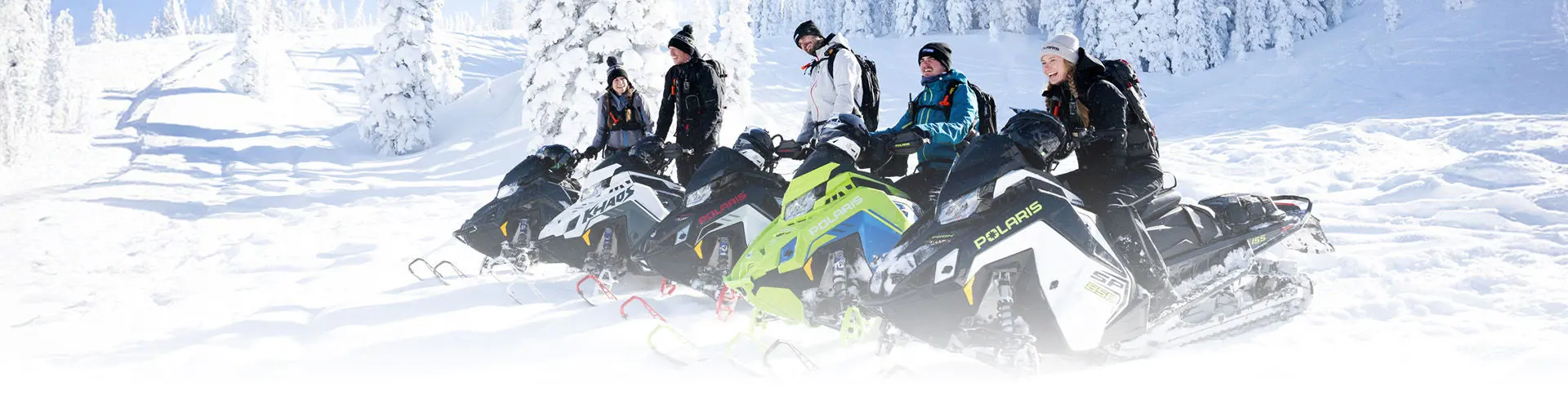 Group of five riders smiling on Polaris snowmobiles in a sunny, snowy mountain forest.