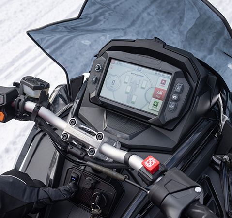 Close-up of the 7S Display powered by RIDE COMMAND on a 2026 Polaris INDY VR1 trail snowmobile.