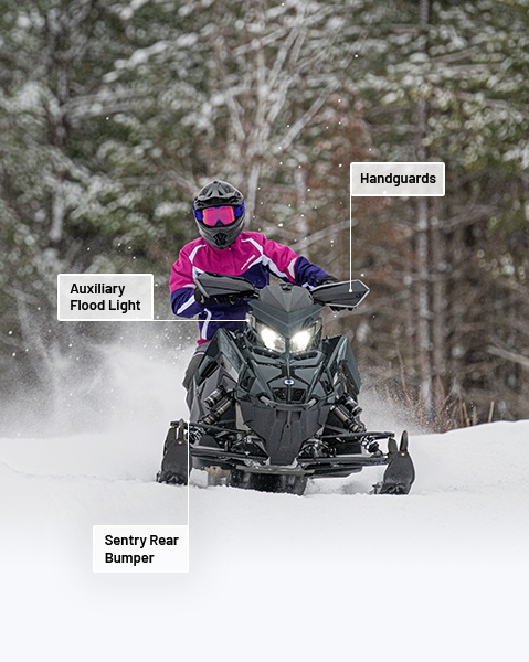 Auxiliary Flood Light, Handguards, Sentry rear bumper accessories from the Trail Collection installed on a 2026 Polaris INDY XC snowmobile.