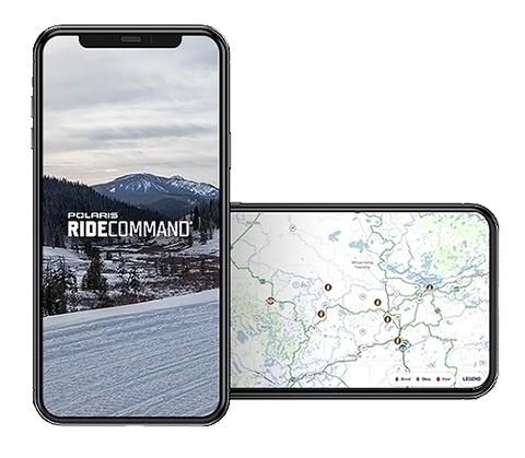 2 phones displaying Polaris RIDE COMMAND logo and maps.