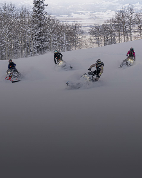 Four people ride Polaris snowmobiles down a steep snowy slope, kicking up fresh powder against a backdrop of snow-covered trees.