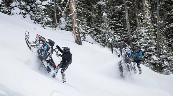 Andy Thomas and another helmeted rider carving Polaris RMK snowmobiles through deep powder in a snow-covered forest.