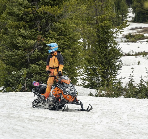 Helmeted rider standing on an orange Polaris snowmobile in a snowy evergreen forest.