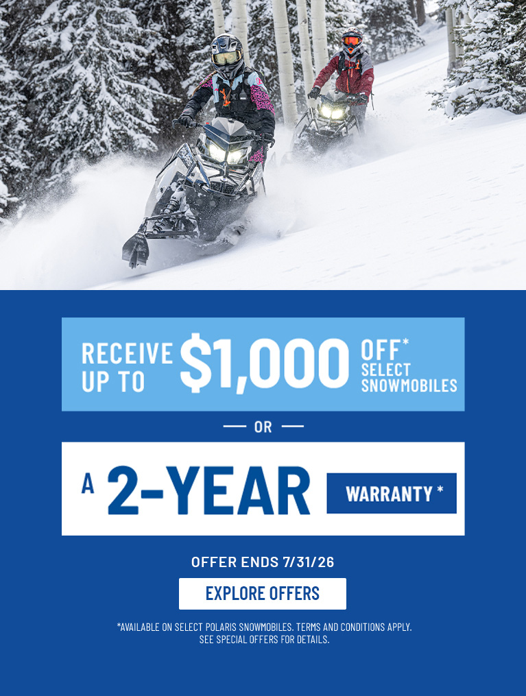 Polaris Snowmobiles Deals & Offers - Up to $1000* off on select Polaris snowmobiles. Offers end 7/31.