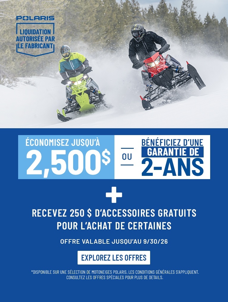 Polaris Snowmobiles Factory Authorized Clearance Sales Event - Save Up to $2,500* off on select Polaris Snowmobiles. Offers end 9/30.