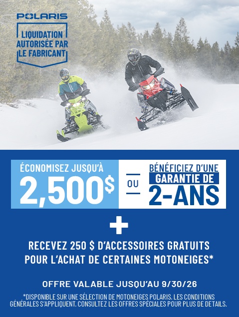 Polaris Snowmobiles Factory Authorized Clearance Sales Event - Save Up to $2,500* off on select Polaris Snowmobiles. Offers end 9/30.