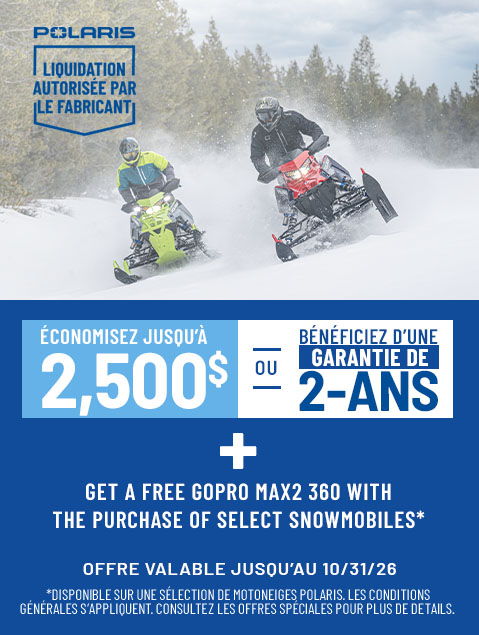 Polaris Snowmobiles Factory Authorized Clearance Sales Event - Save Up to $2,500* off on select Polaris Snowmobiles. Offers end 10/31.