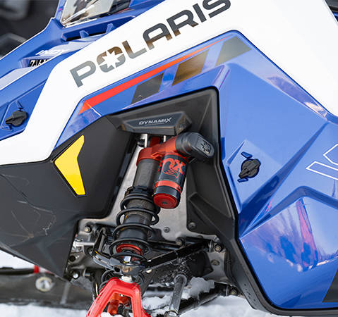 Side profile of a 2027 Polaris INDY VR1 trail sled showing the DYNAMIX suspension.