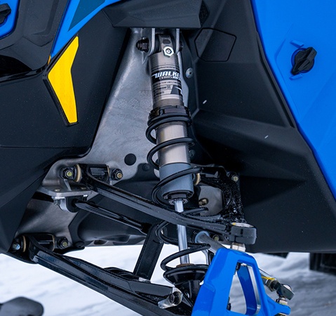Walker Evans shocks on a 2027 Polaris Pro RMK mountain snowmobile.