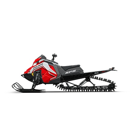 Side profile of a 2027 Polaris RMK SPS mountain snowmobile showcasing the short cooler and tapered tunnel.