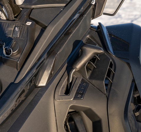 High & low speed transmission shifter on a 2027 TITAN Adventure widetrack snowmobile.