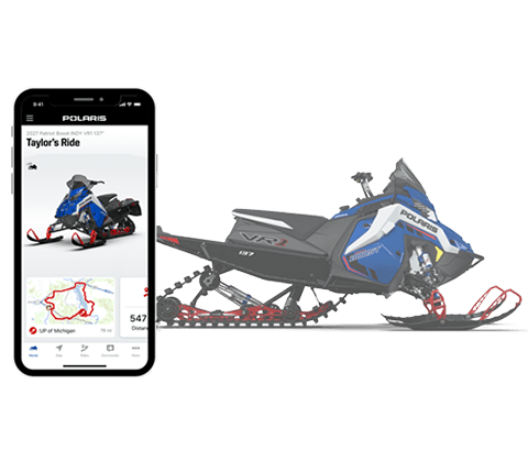 2 phones displaying Polaris RIDE COMMAND logo and maps. 
