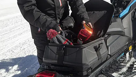 closeup of the storage system on a Polaris snowmobile
