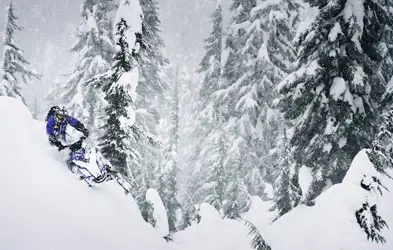 Benoit St-Hilarie conduisant une motoneige dans les bois