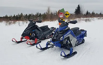 two snowmobiles in front of trees