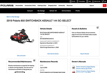 My Garage Account option on the Polaris site