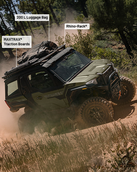 MAXTRAX Traction Boards, 200 L luggage bag, Rhino-Rack roof rack and kick-out rock slider accessories from the Trail Package installed on a 2025 Polaris XPEDITION XP NorthStar side-by-side.