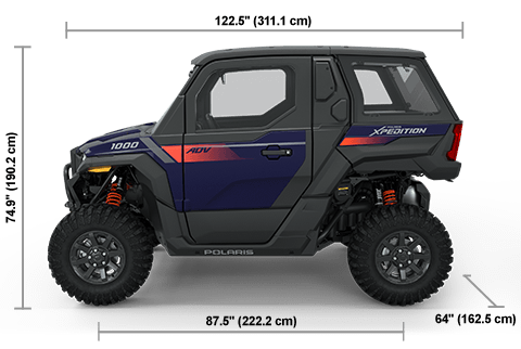 Vue latérale du Polaris XPEDITION ADV NorthStar 2025 bleu nuit avec les dimensions de hauteur, de largeur et de longueur.