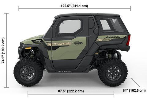 Side view of the Moss Green 2025 Polaris XPEDITION ADV NorthStar with height, width and length dimensions.