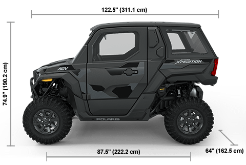 Vue latérale du Polaris XPEDITION ADV NorthStar 2025 gris graphite avec les dimensions de hauteur, de largeur et de longueur.