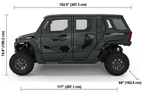 Side view of the Super Graphite 2025 Polaris XPEDITION ADV 5 NorthStar with height, width and length dimensions.
