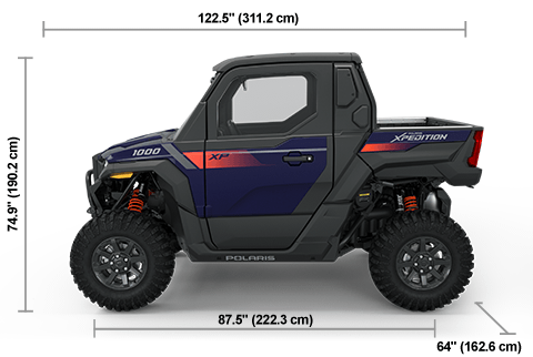 Vista lateral del Polaris XPEDITION XP NorthStar de 2025 en azul medianoche con dimensiones de altura, ancho y longitud.