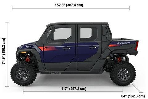 Vue latérale du Polaris XPEDITION XP 5 NorthStar 2025 bleu nuit avec les dimensions de hauteur, de largeur et de longueur.