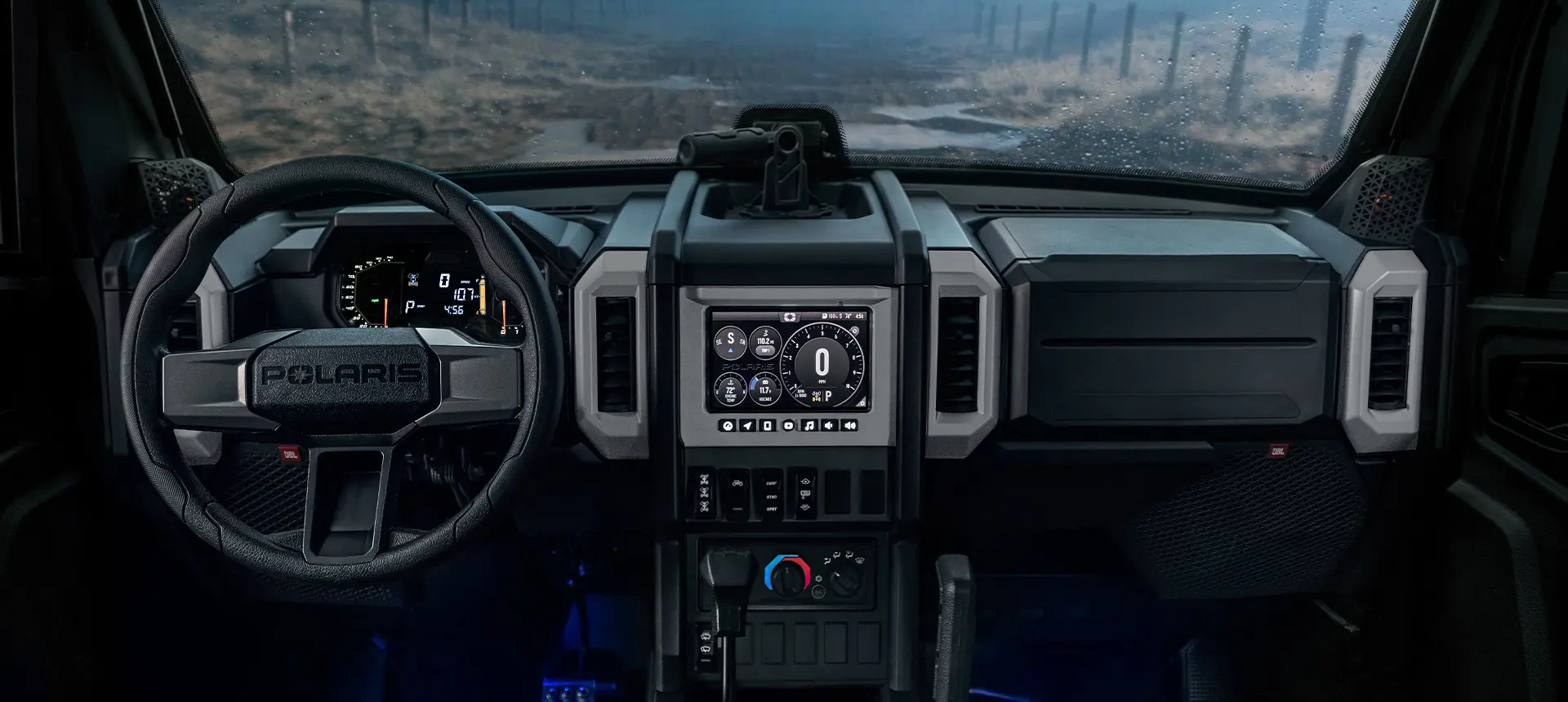 Interior view of the dash in a 2026 Polaris XPEDITION ADV NorthStar side-by-side.